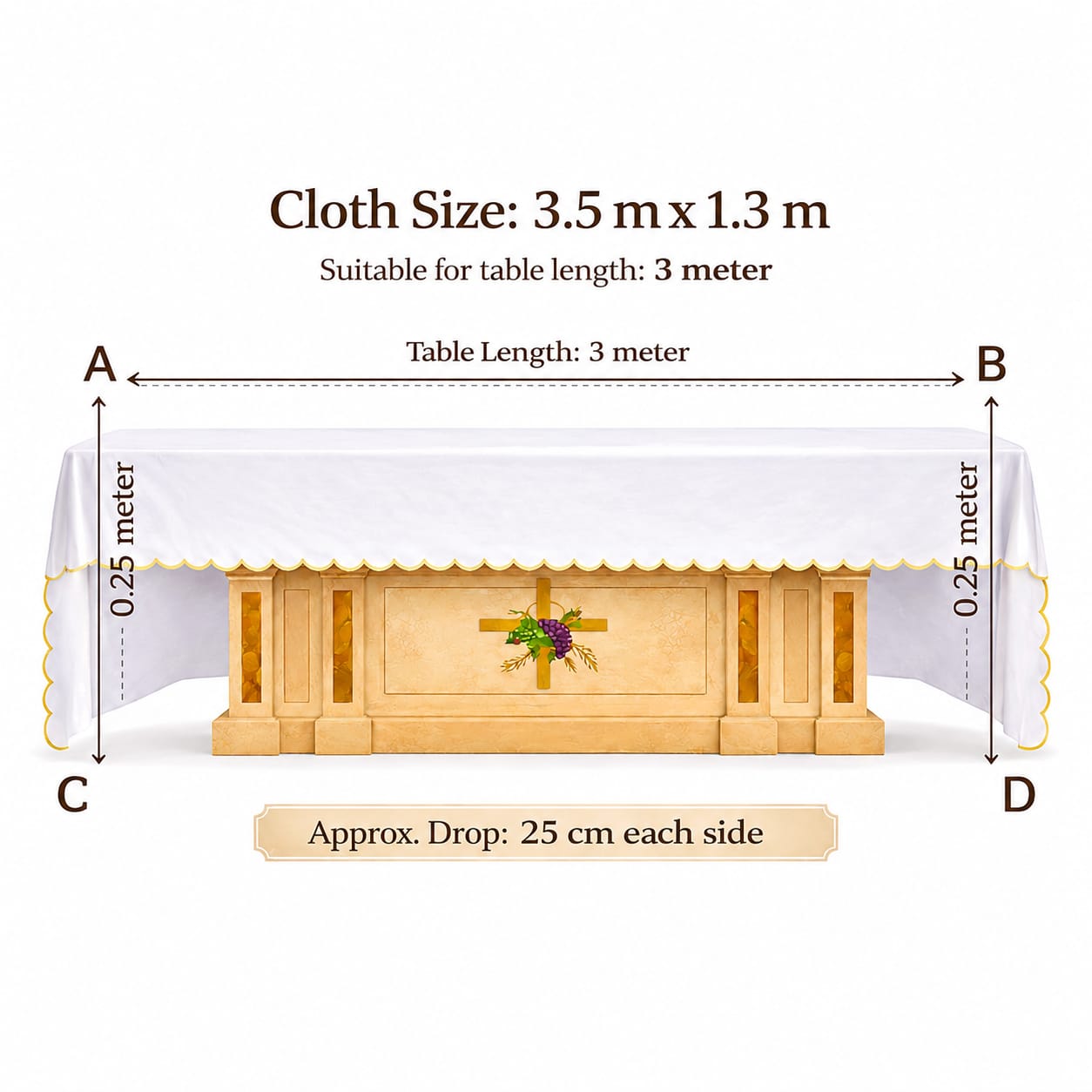 3.5 Meter x 1.3 Meter Altar Table Cloth Size Chart - Chalice Design Embroidery - Needle Point Kerala