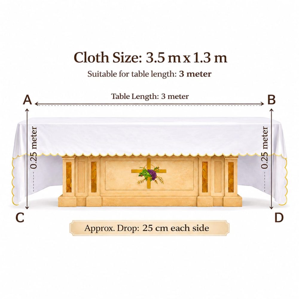 3.5 Meter x 1.3 Meter Altar Table Cloth Size Chart - Chalice Design Embroidery - Needle Point Kerala