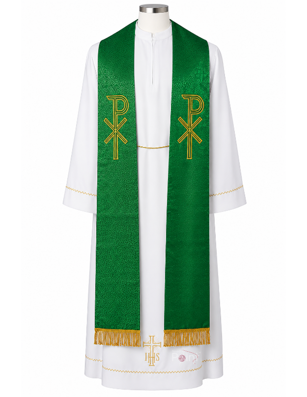 Green Priest Stole with Christ Monogram Embroidery | Church Vestment