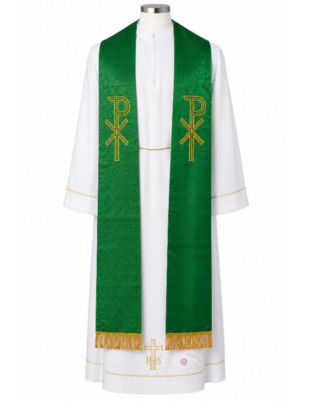 Green Catholic Priest Stole with Gold Christ Monogram Embroidery on White Alb | Ordinary Time Church Vestment