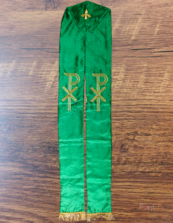 Green Priest Stole with Gold Christ Monogram Embroidery | Flat View Liturgical Vestment