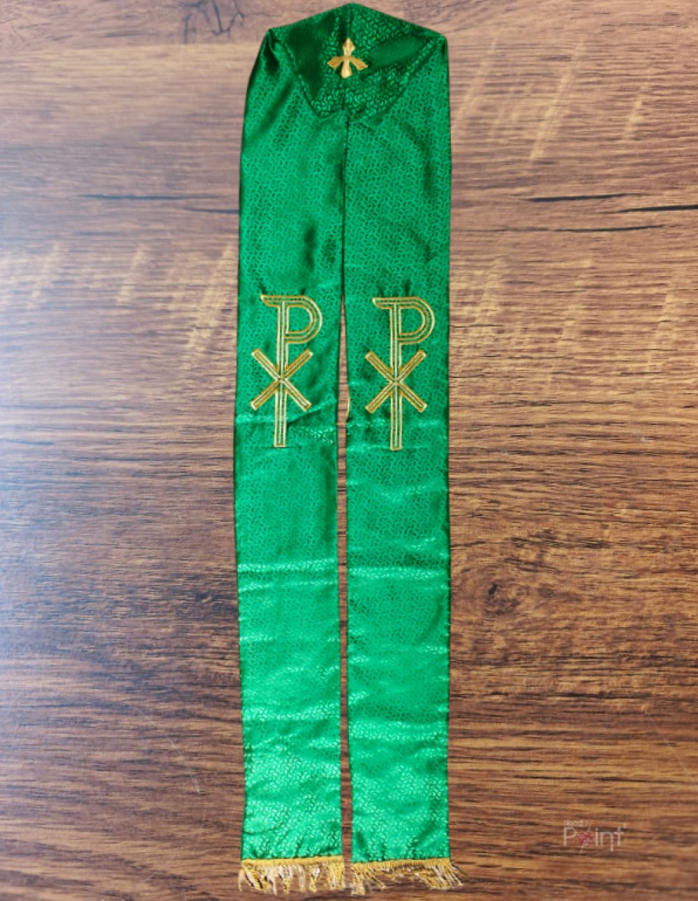 Green Priest Stole with Gold Christ Monogram Embroidery | Flat View Liturgical Vestment