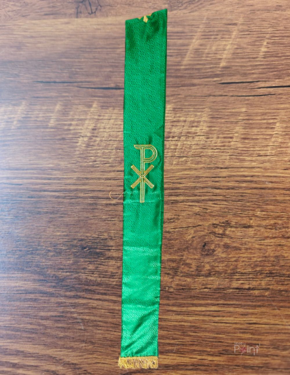 Green Priest Stole with Gold Christ Monogram Embroidery | Single Panel View