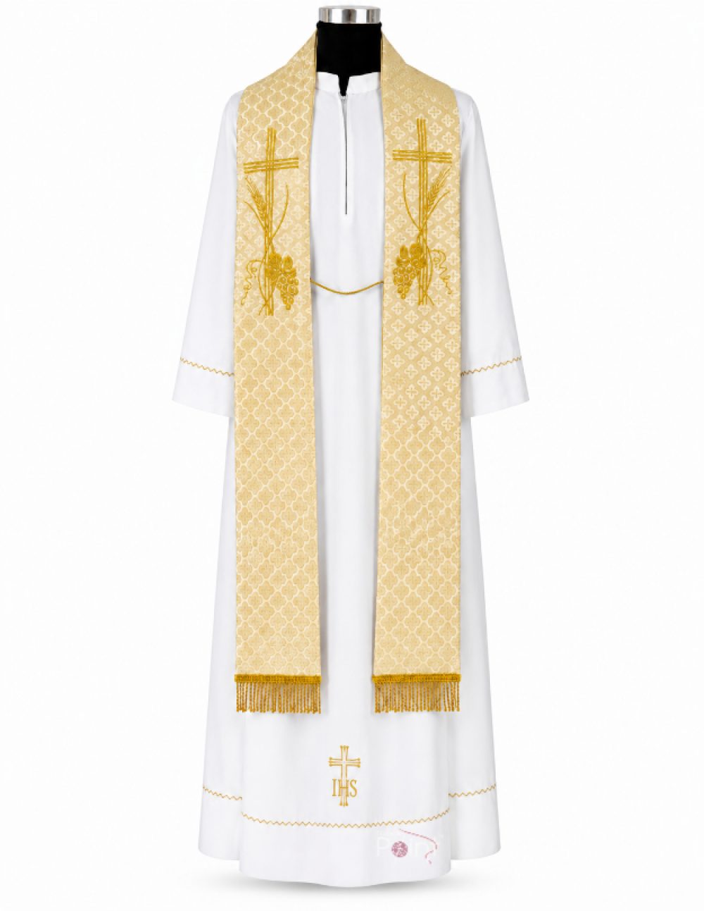 Golden Catholic Priest Stole with Wheat and Grapevine Eucharistic Embroidery on White Alb | Liturgical Vestment