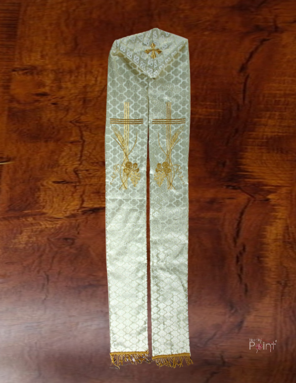 Golden Priest Stole with Wheat and Grapevine Eucharistic Embroidery | Front Flat View