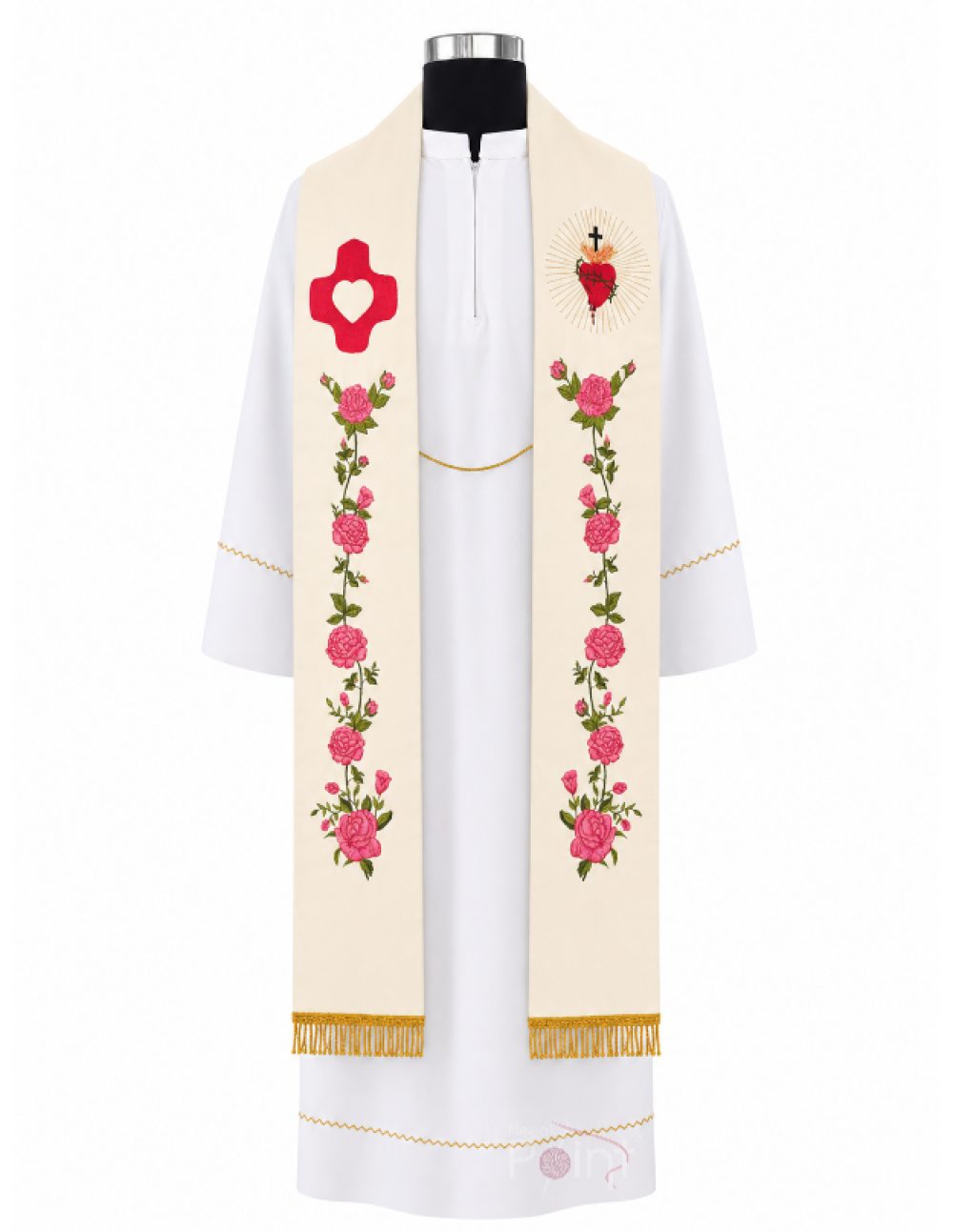 (full stole front view on mannequin) Cream priest stole with Sacred Heart and pink rose embroidery – front view