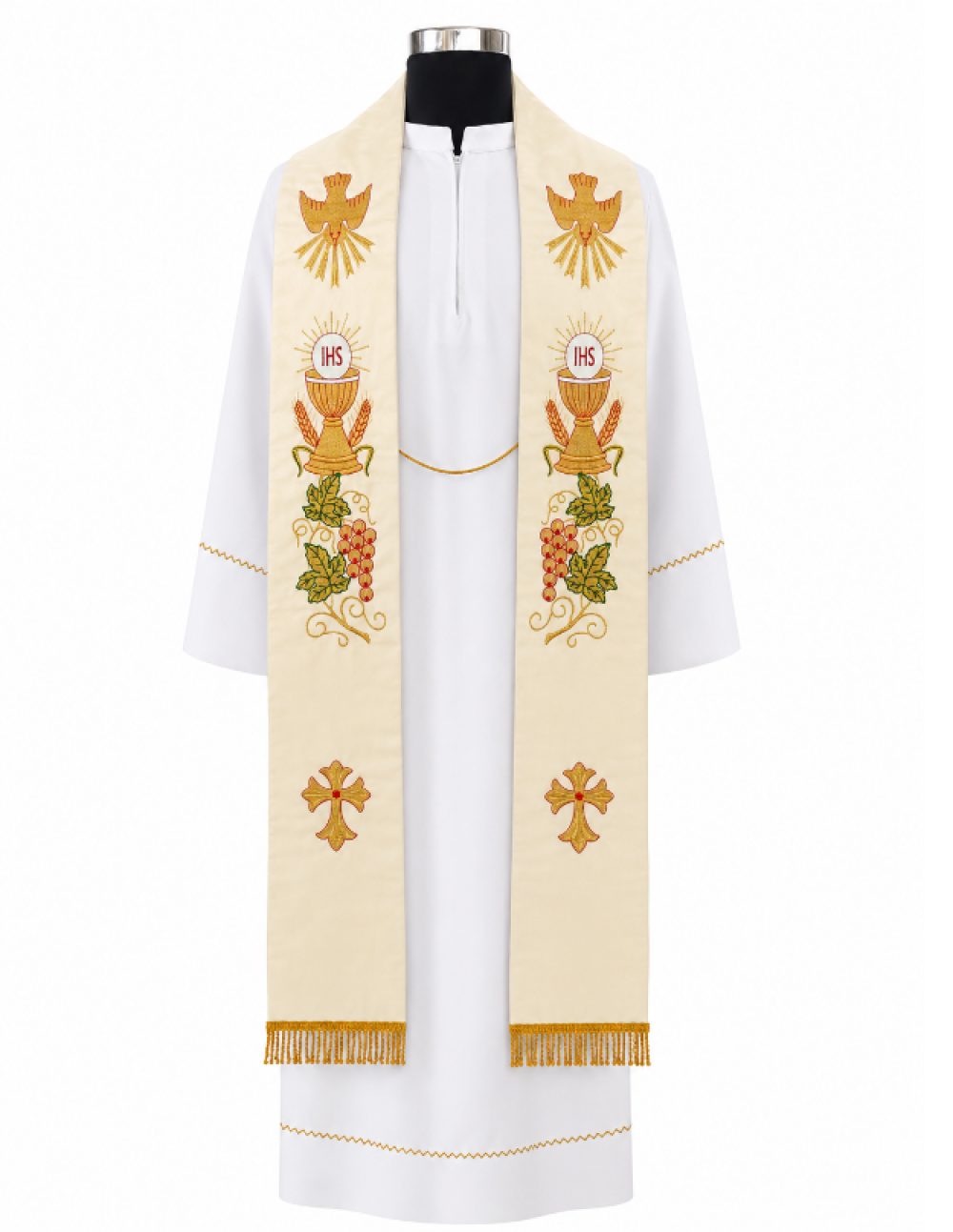 (mannequin front view) Cream priest stole with Holy Spirit, IHS chalice & grapevine embroidery – front view on mannequin