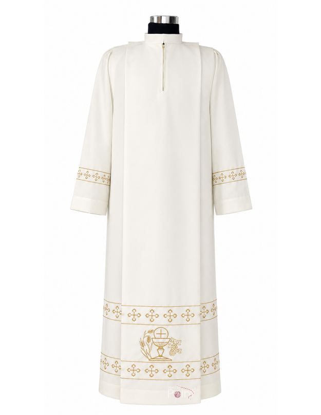  Cream Alb with IHS Chalice, Wheat & Grapevine Embroidery | Catholic Clergy Vestment
