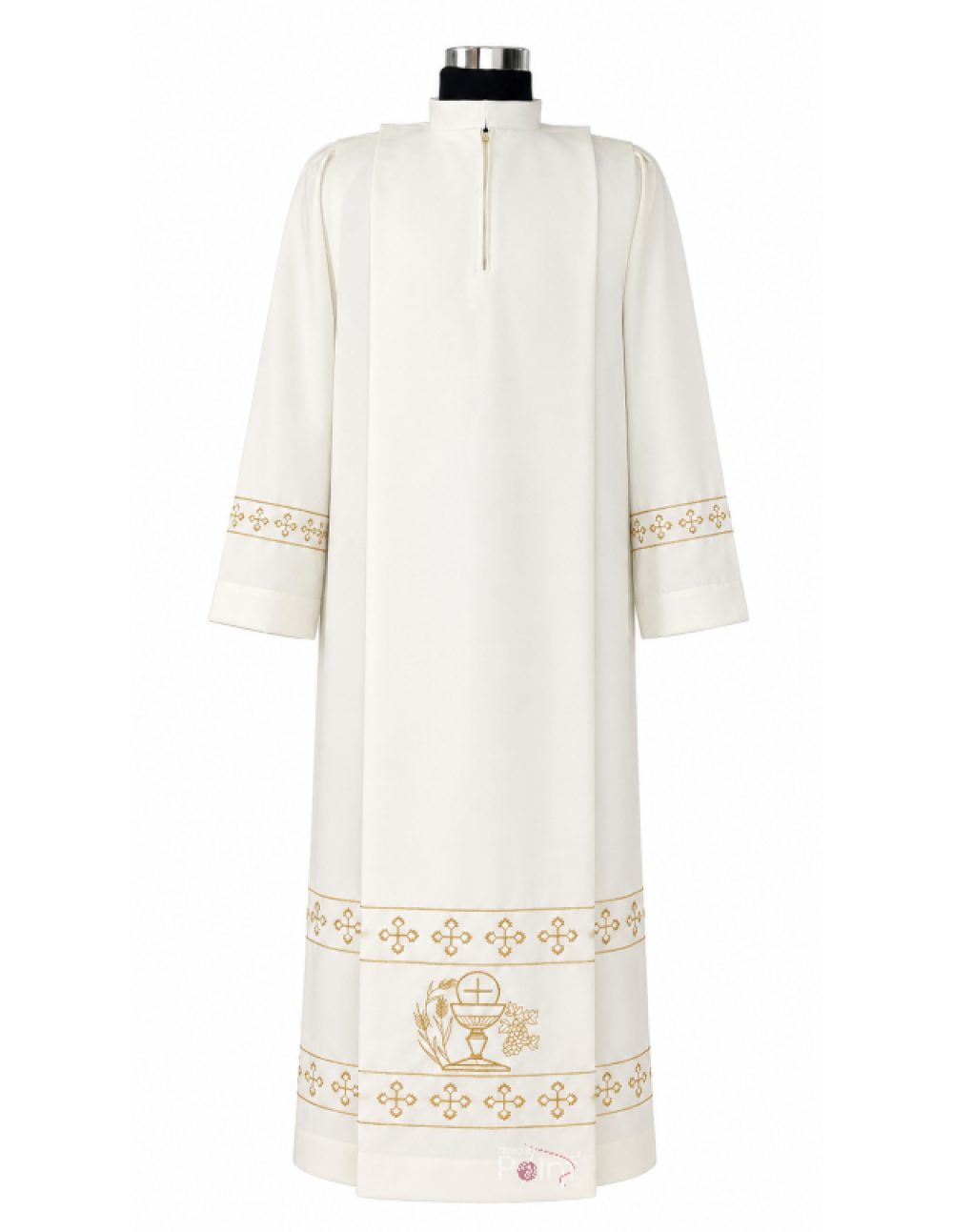  Cream Alb with IHS Chalice, Wheat & Grapevine Embroidery | Catholic Clergy Vestment