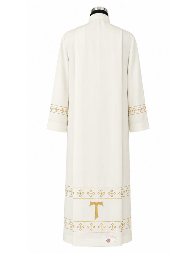 (back view with Tau cross) Cream alb with Tau cross embroidery and gold cross border trim – back view