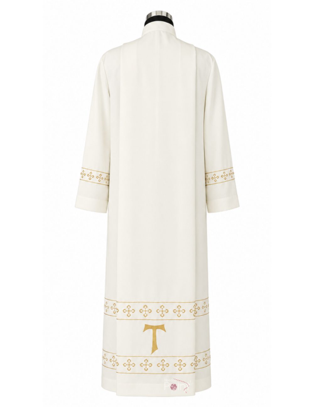 (back view with Tau cross) Cream alb with Tau cross embroidery and gold cross border trim – back view