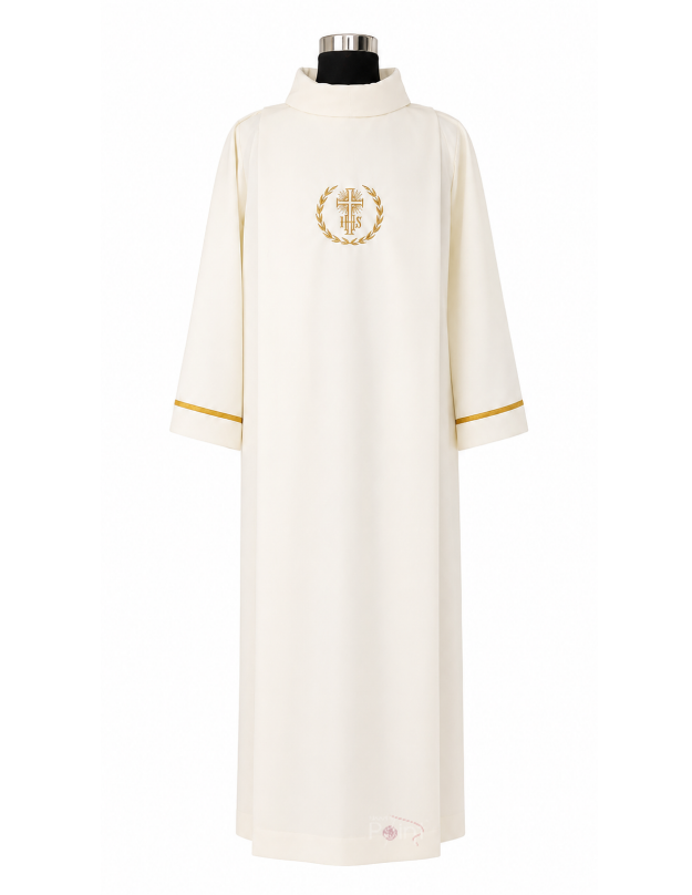 Cream Alb with IHS, Cross & Wheat Embroidery | Catholic Clergy Vestment