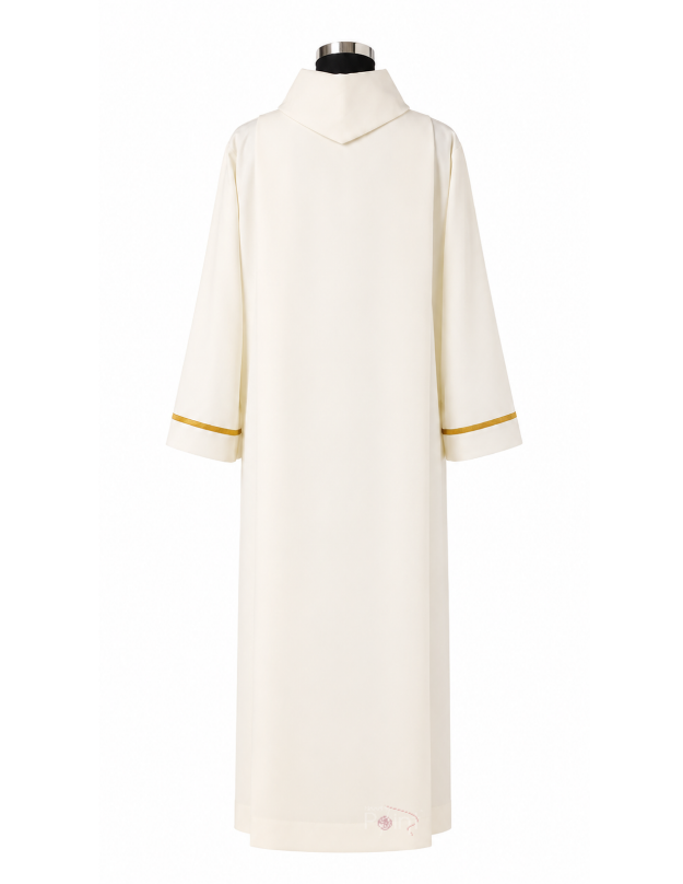 (back view) Cream alb with gold stripe sleeve trim – back view on mannequin