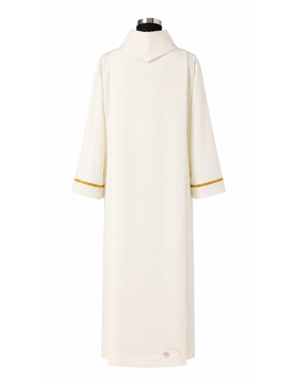 (back view) Cream alb with gold stripe sleeve trim – back view on mannequin