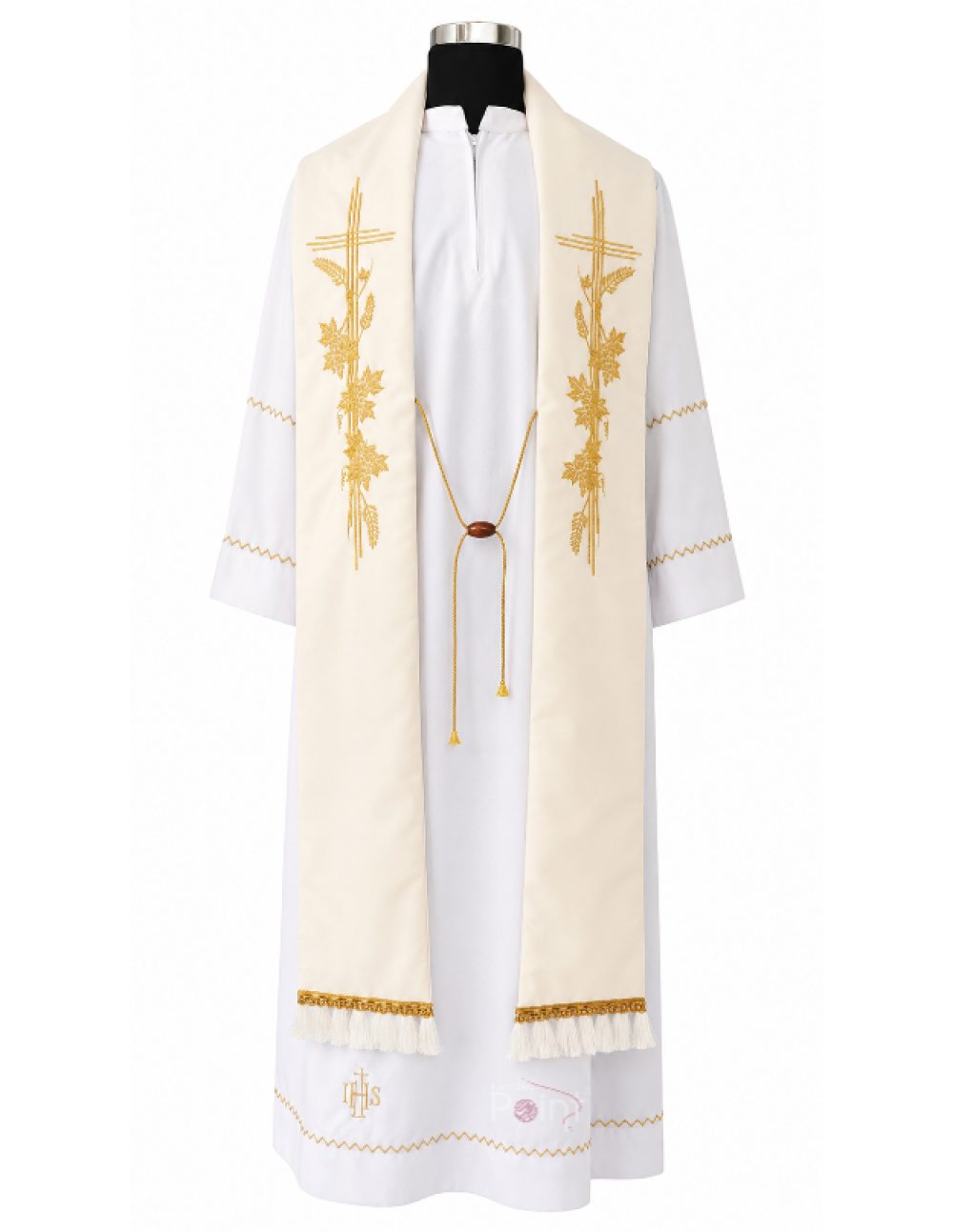 Cream priest stole with gold cross, wheat & grapevine embroidery and IHS monogram – mannequin view