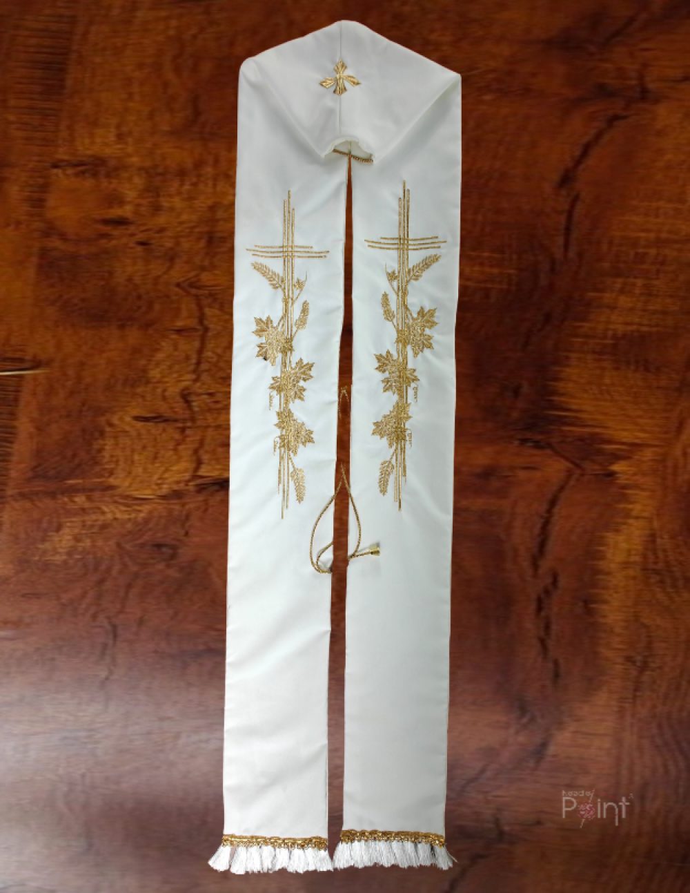 Cream priest stole with gold cross, wheat & grapevine embroidery and IHS monogram – flat lay view