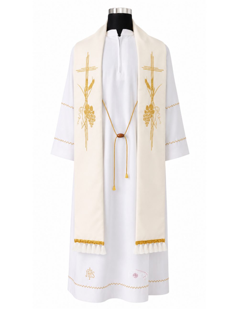 Cream priest stole with gold cross, wheat & grapevine embroidery – mannequin view