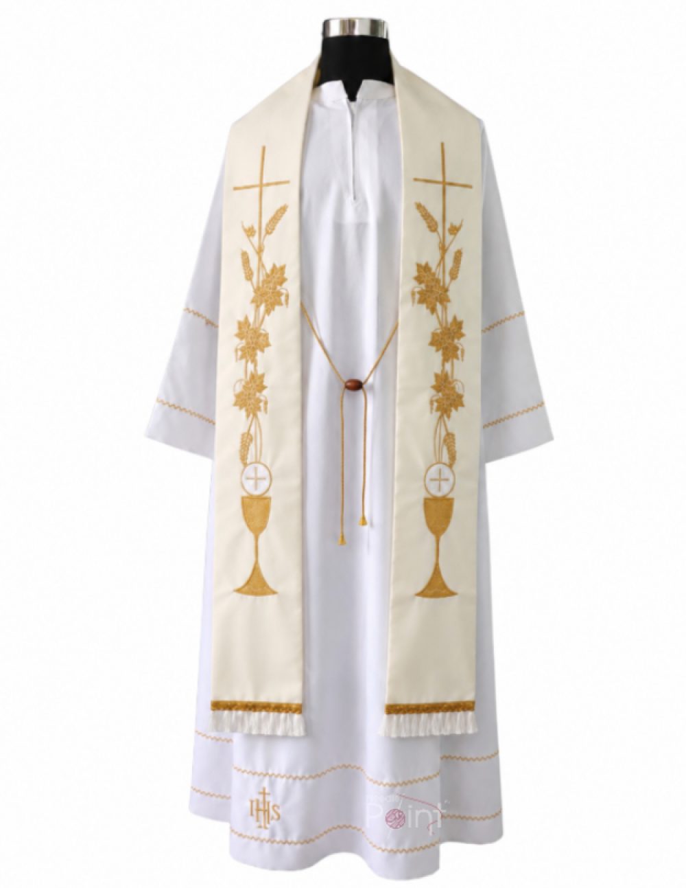 Cream Priest Stole with Gold Chalice, Cross, Wheat & Grapevine Embroidery  (1)